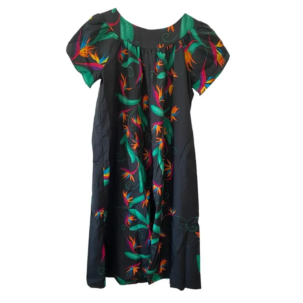 Vintage 70s Hilo Hattie's Muumuu Kaftan Dress Black Birds of Paradise Size Small